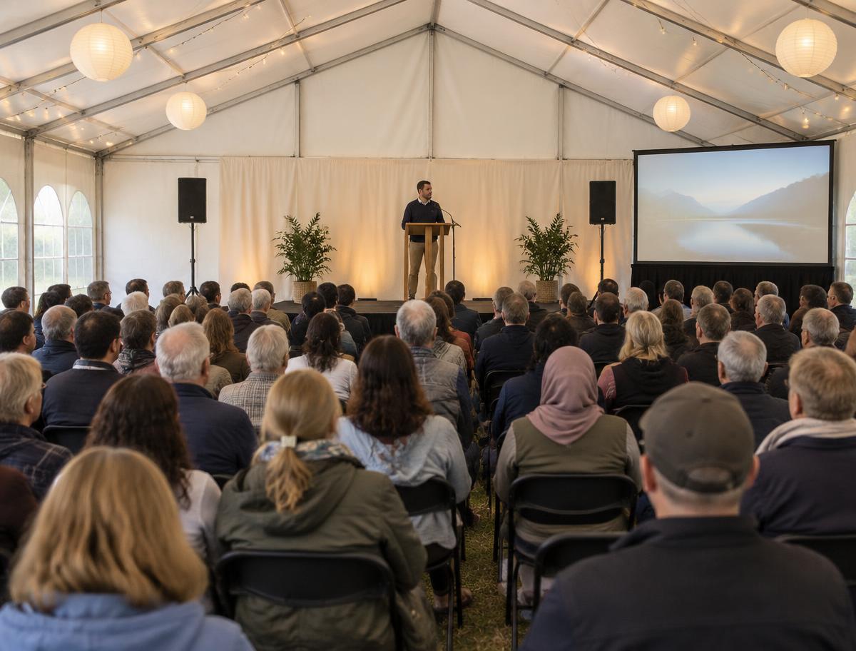 Speaker at a lectern in a marquee with speakers on stands and a projection screen