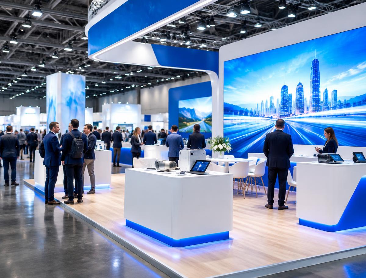 Exhibition hall with branded stands and LED video wall
