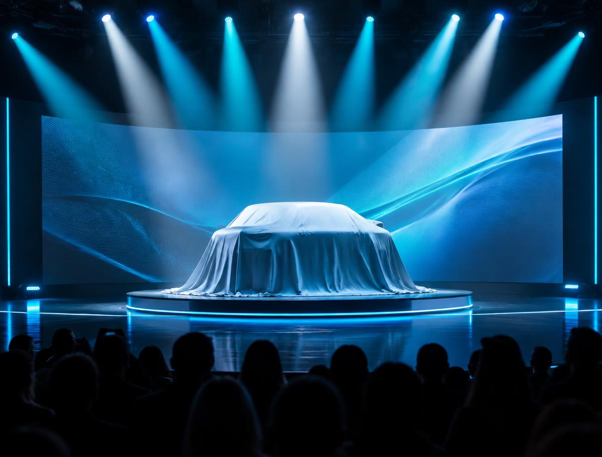 Covered product on a circular stage under cyan spotlights with a curved LED backdrop