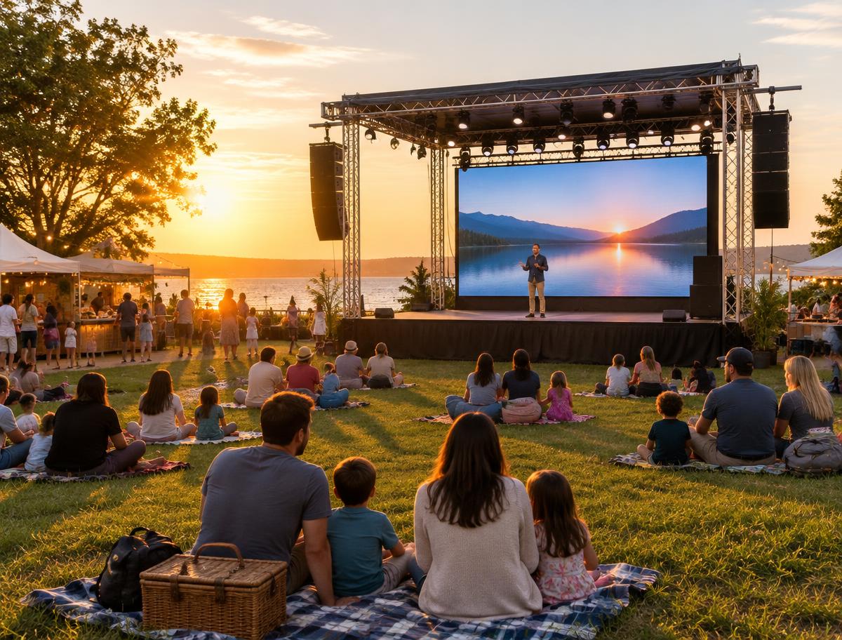 Outdoor truss stage with LED screen and speakers, families seated on blankets at sunset