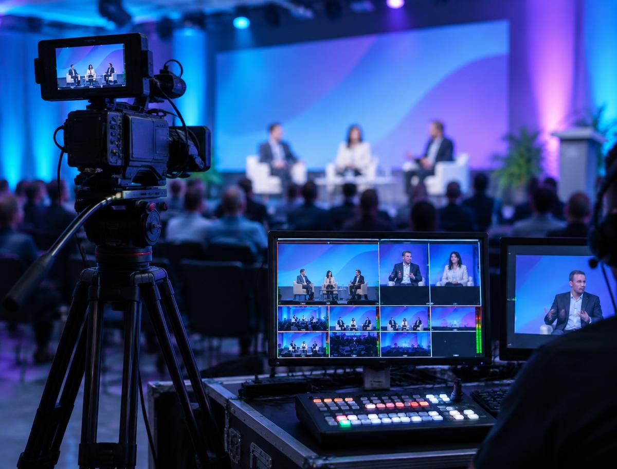Broadcast camera and vision mixer monitors capturing a panel discussion