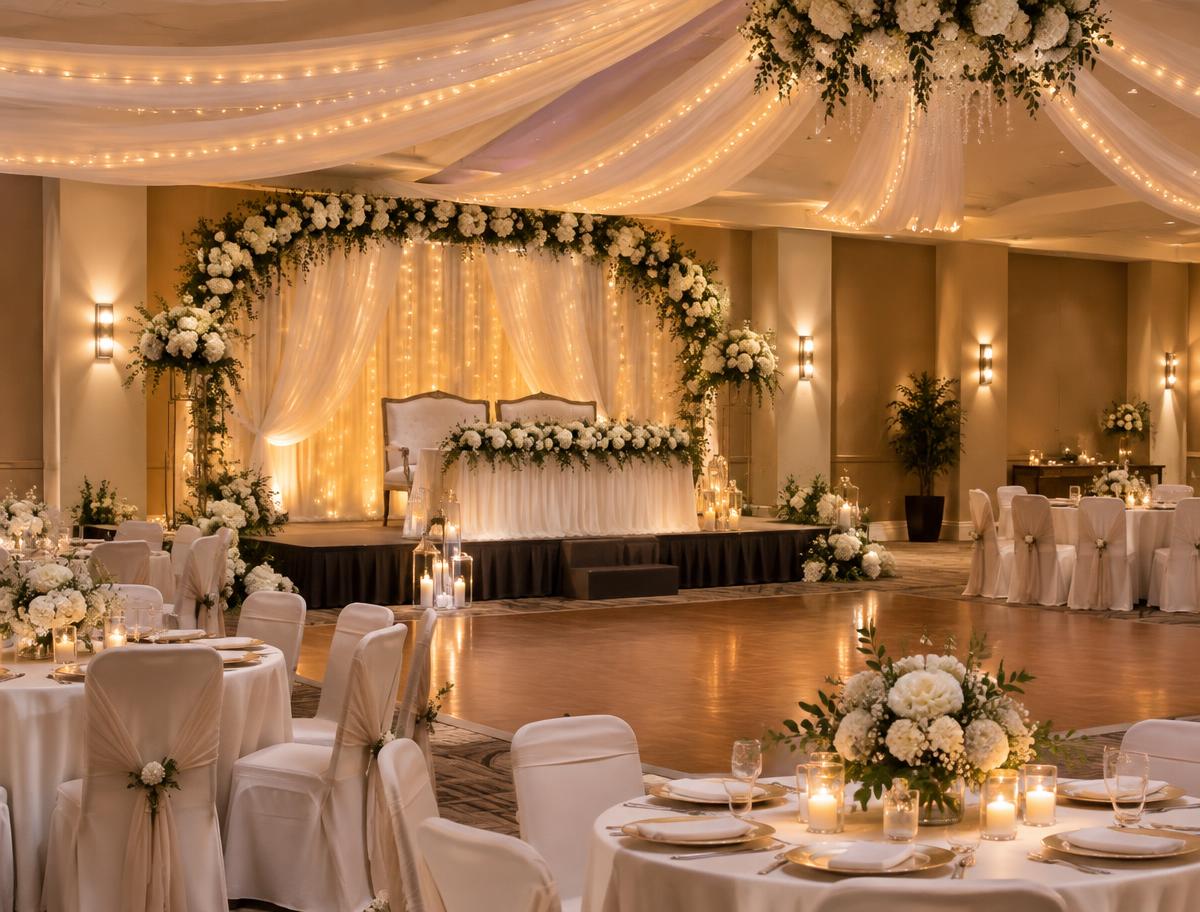 Wedding reception hall with draped fabric, fairy lights and a floral stage arch